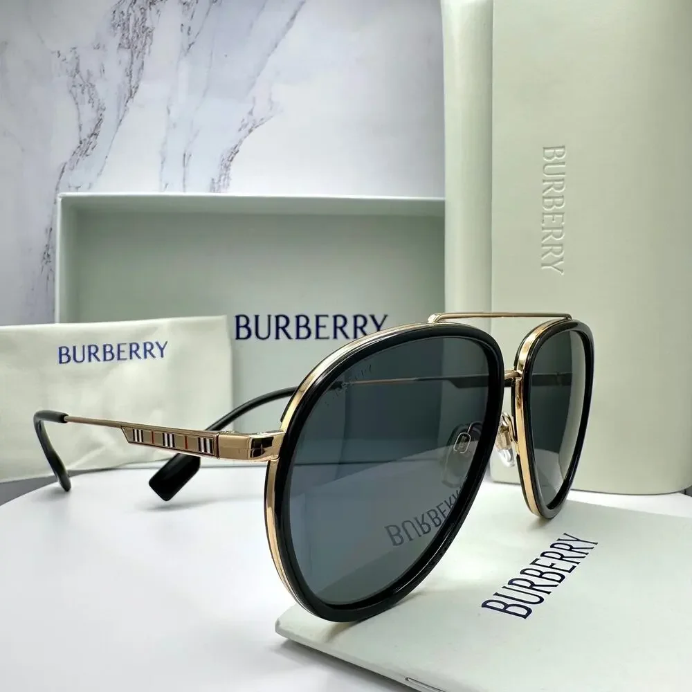 New Burberry Sunglasses Polarized Gold Black Check Arms Aviator Pilot Metal - Picture 1 of 16